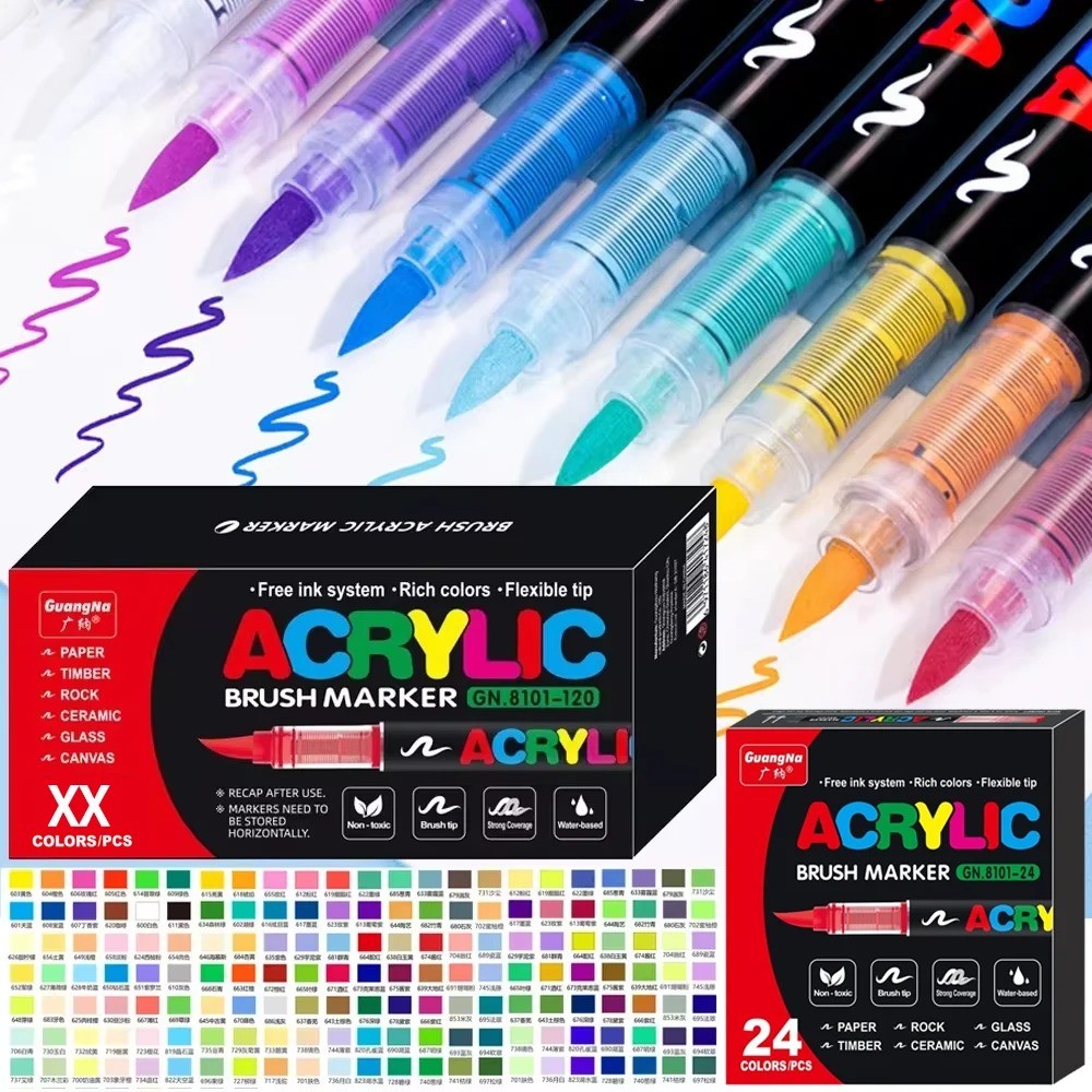 Acrylic Paint Pen Brush Tip, Marker Akrilik untuk Lukis Batu, Paint Marker Ujung Kuas, Marker Akrili