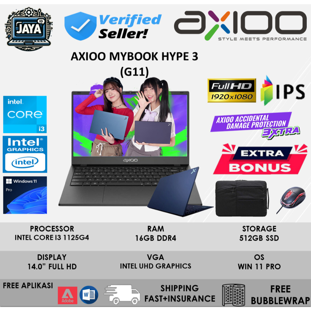 Laptop Baru Axioo Hype 3 G11 Intel Core I3 1125G4 Ram 8GB 512GB Ssd Ful HD Ips Win11Pro + ADP