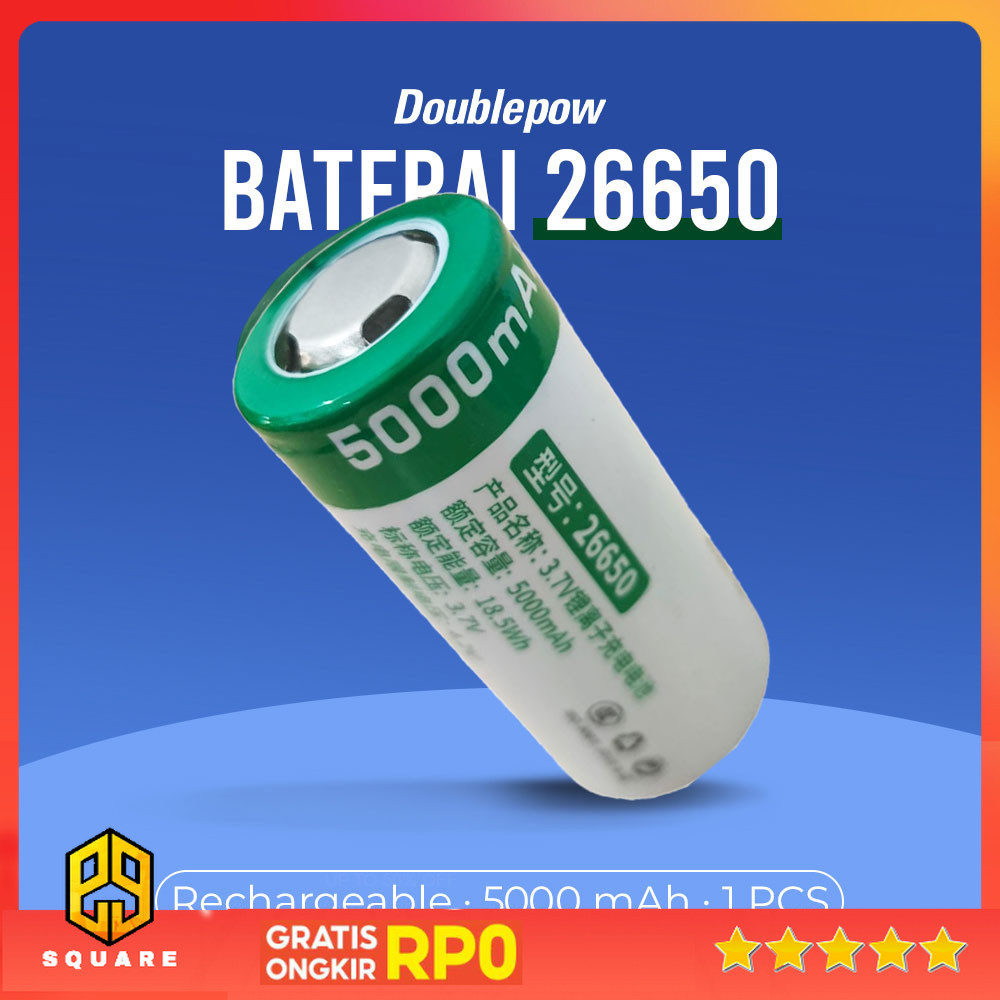 Doublepow Baterai Rechargeable 26650 Li-Ion 3.7V 5000mAh 1 PCS Original 99 Square