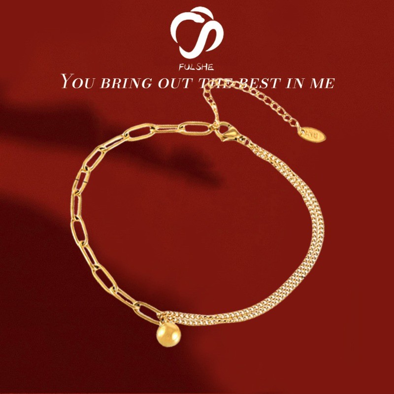 FULSHE Gelang Kaki Wanita Rantai Ganda Emas Dengan Bola Emas Kecil 18K Titanium Steel