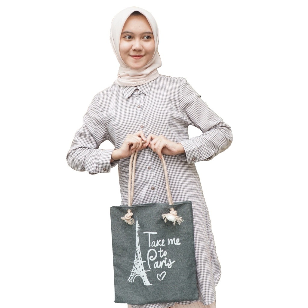 RASTSHOP Tas Wanita Tote Bag Canvas Motif Paris Aesthetic Tas Ngaji Resleting Tali Sumbu Murah