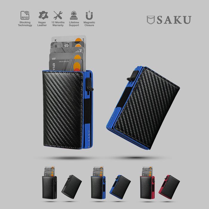 [Iconic_Style] SAKU Dompet Kartu Pria Wanita Smart Wallet Card Holder RFID Carbon - Blue, Single