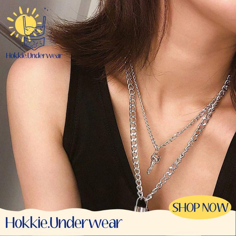 (ACC45) Kalung Kunci Gembok Rantai Emas Liontin Kalung Gembok Kunci Retro Style Simple