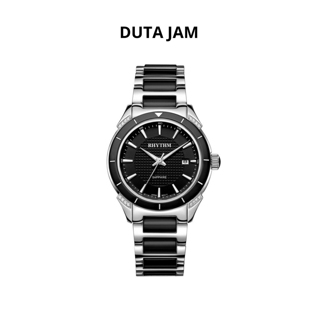 JAM TANGAN WANITA RHYTHM F1207 T02 F1207T02 ANALOG SILVER BLACK  CERAMIC STAINLESS STRAP
