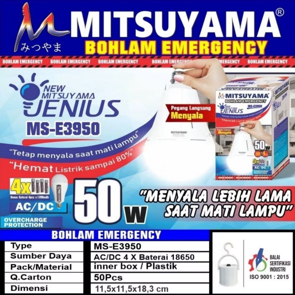 Lampu EMERGENCY Bohlam Jenius 50 Watt LED Otomatis Mitsuyama Emergency MS-E3950