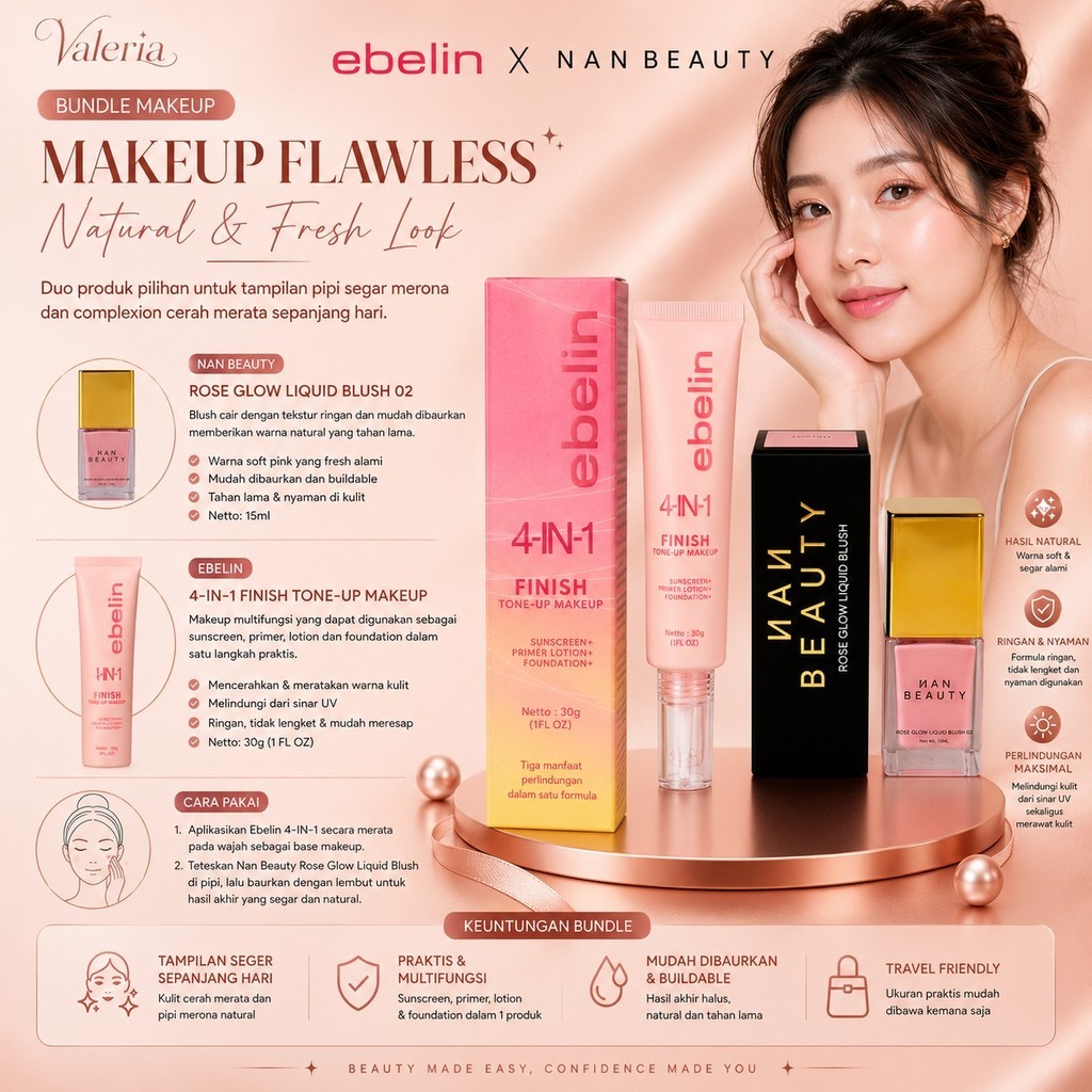 Bundle Ebelin 4 In 1 Tone Up Cream + Nan Beauty Rose Glow Liquid Blush 02 | Primer Foundation Sunscr