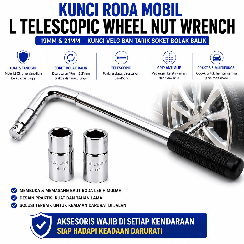 Kunci Roda Mobil L Tarik Bolak Ban BR459 Wrench Balik Velg 19mm Wheel Nut Telescopic Soket Kunci 21m