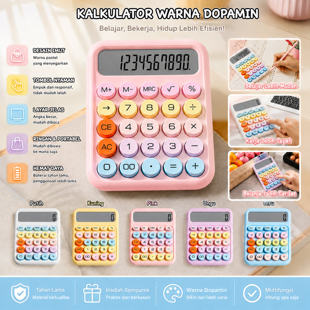Kalkulator Mini Permen 12 Digit Warna-Warni, Stationary Kantor Lucu Korea - Dibuat dengan Desain Dop