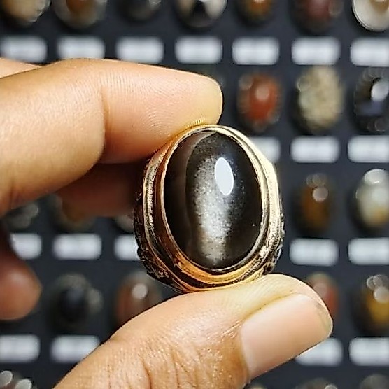 Cincin Batu Akik Bulu Monyet Cat Eye Super Giwang Mata Kucing, Ring Koin Ukir Kombinasi