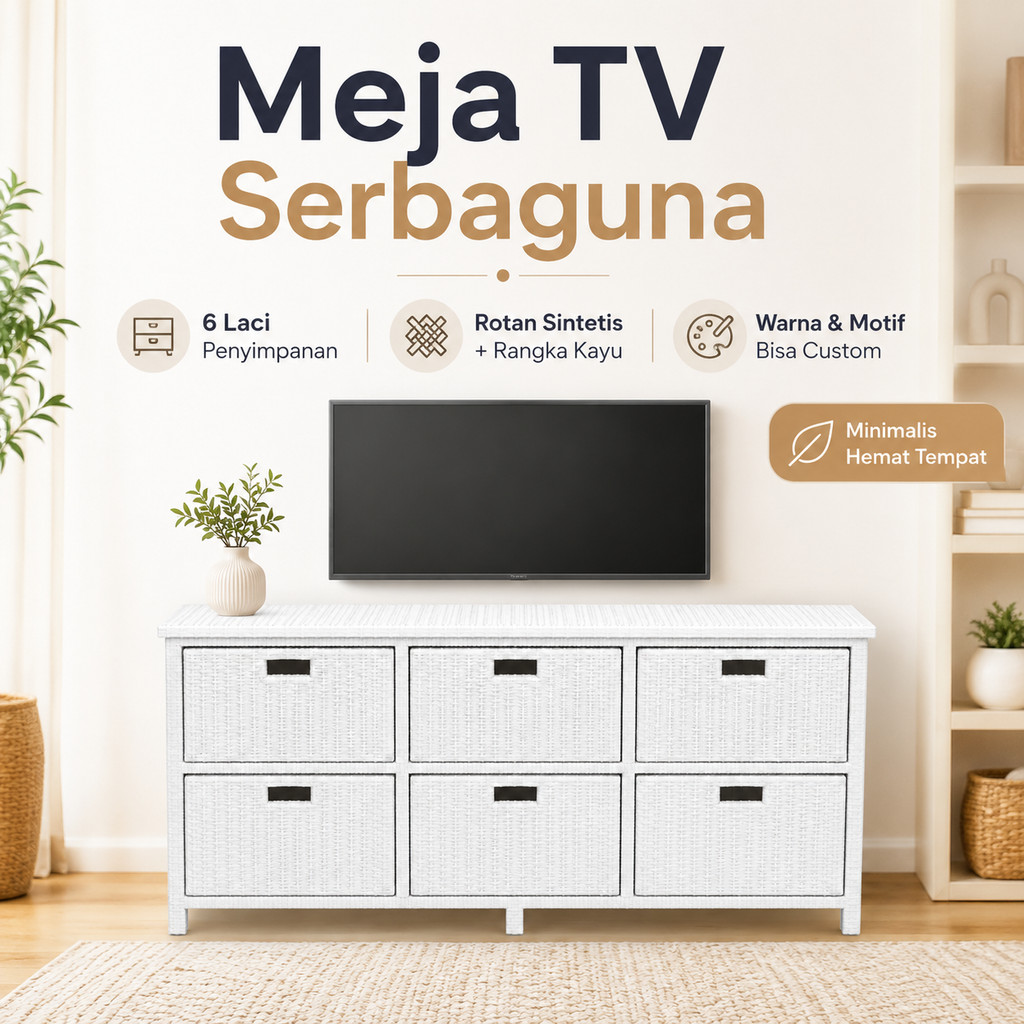 Buffet TV Rangka Kayu Anyaman Rotan Sintetis 6 Laci Bisa Custom Warna