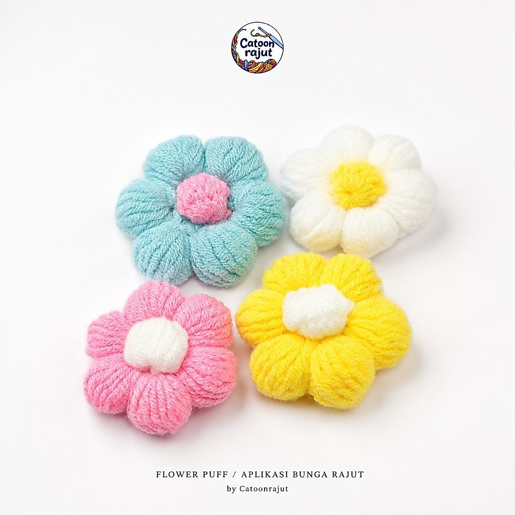 5cm Aplikasi Flower Puff | Bunga rajut | Aplikasi Bunga | Bordir Rajut