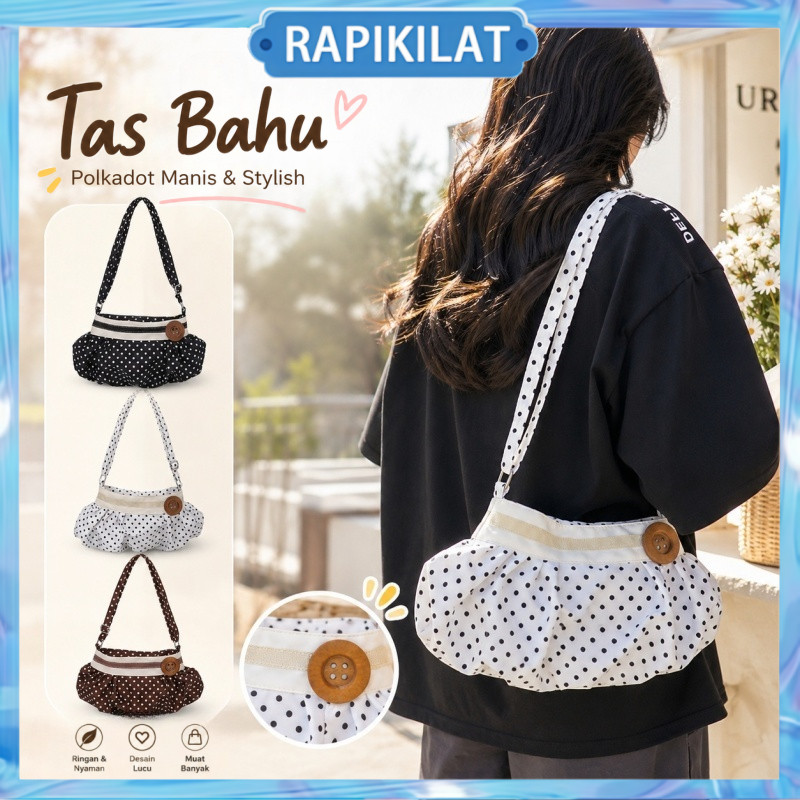 Ballon Button Bag  Button Bag Polkadot White  Wanita Korean Vintage