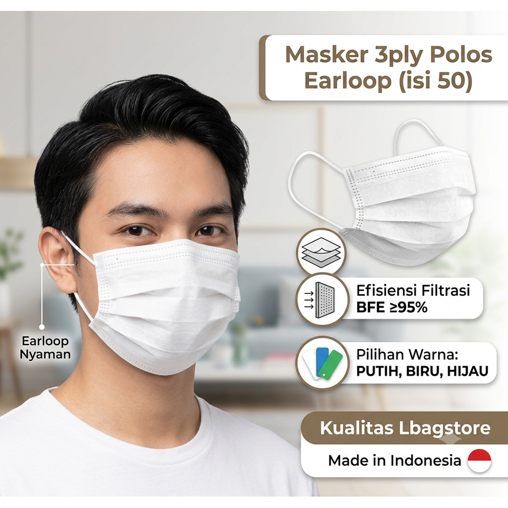 Masker 3 ply 3ply isi 50 PUTIH BIRU HIJAU Polos Earloop  BFE 95% Packing Pouch Made In Indonesia Lbagstore
