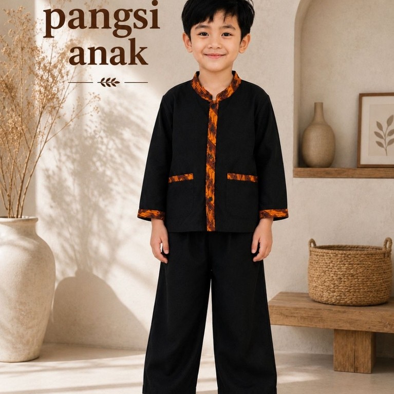 Setelan Baju Adat Tradisional Pangsi Anak Laki-Laki bahan Katun BSY  Hitam Mix Batik  Set Seragam TK
