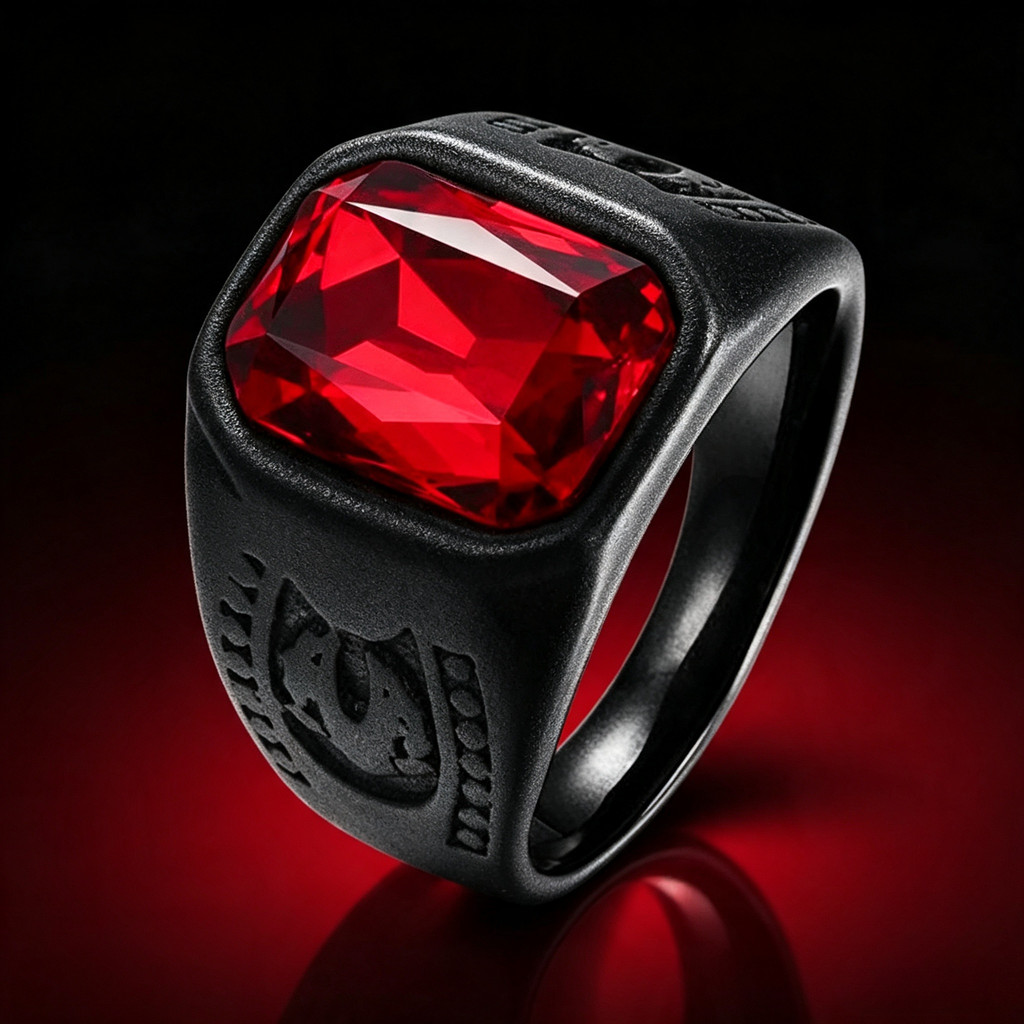 Cincin Pria Batu Merah Kotak Potongan Tajam Desain Ukir Klasik Gaya Gothic Punk Maskulin
