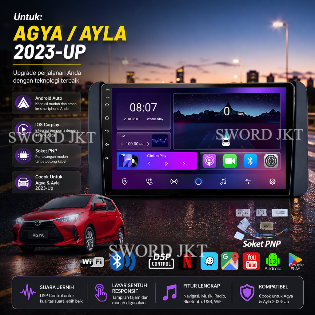 Head Unit Android Mobil Agya Ayla 2023-2025 Layar Touchscreen IPS 9 Inch Frame Soket PNP Kamera Mund