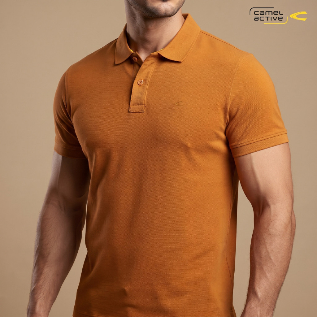 camel active Men's Basic Caramel Cotton Pique Polo Shirt Kaos Polo