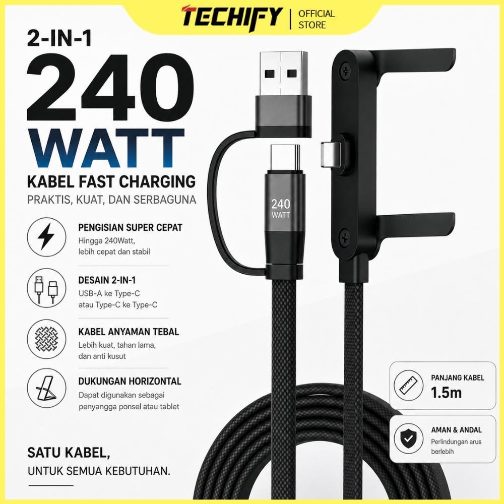 Kabel Charger 240W Fast Charging USB Type C Braided Nylon Kabel Data Cepat dengan Holder Stand HP un