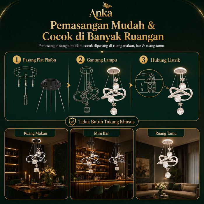 ampu Gantung Ruang Tamu Aesthetic LED 3Warnadengan Remote Control Lampu Gantung Kristal Makan Dekora