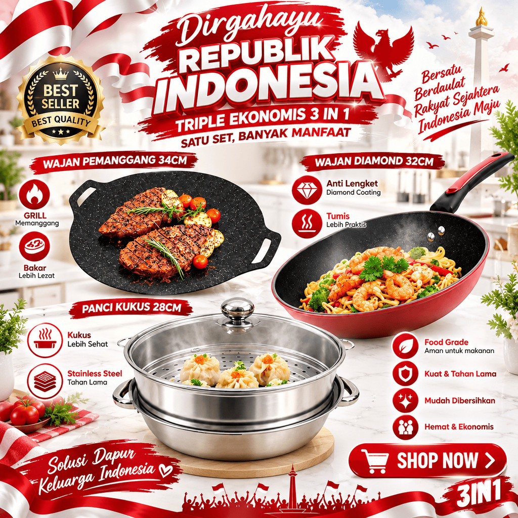 COMBO MERDEKA TRIPLE EKONOMIS 3IN1 (WAJAN BATU MEDIS 32CM + WAJAN GEPENG 34CM + PANCI KUKUS 2 SUSUN)