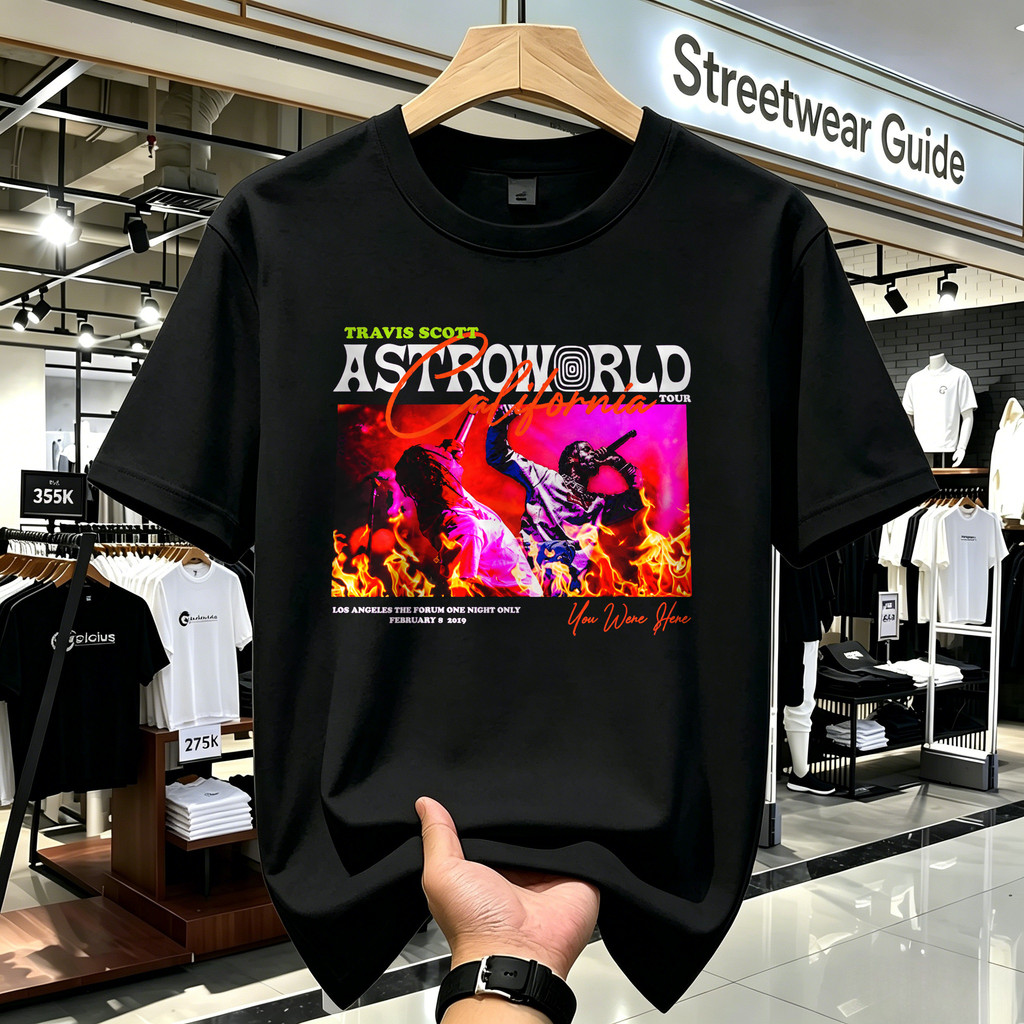 Kaos Pria Travis Scott Astroworld Concert Tour Graphic Hitam Kaos Band Kaos Vintage Lengan Pendek St