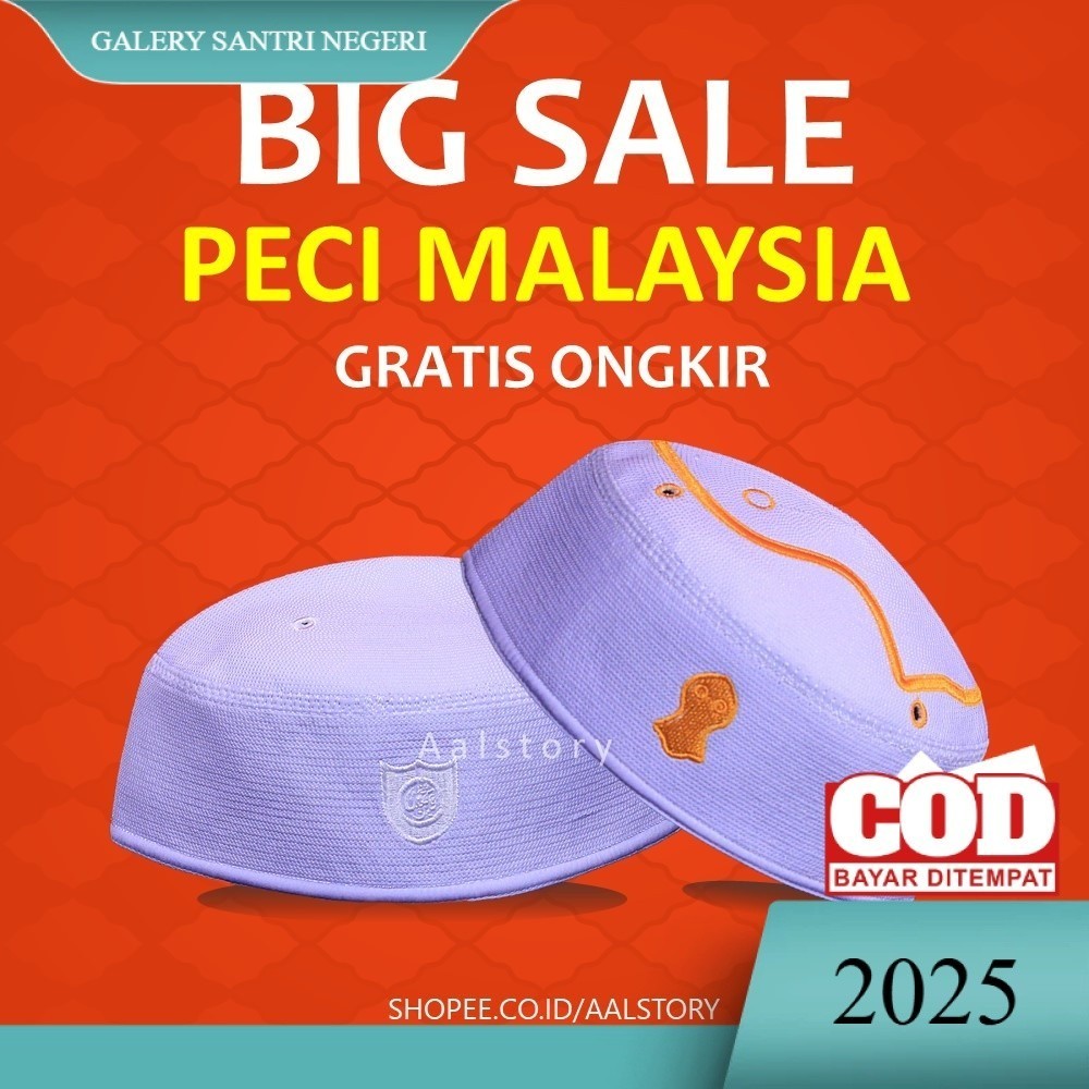 Peci Malaysia putih polos kopiah haji bordir logo dan terompah  bordir
