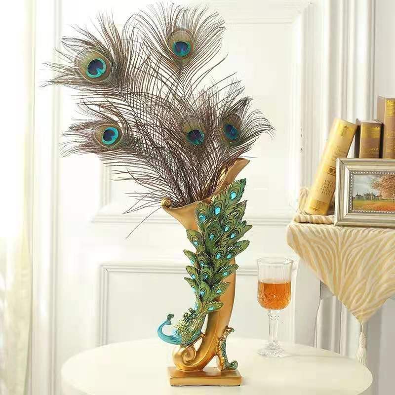 European Peacock Feather Resin Vase Ornaments Home room TV Wine Cabinet Table Statues Decoration Off