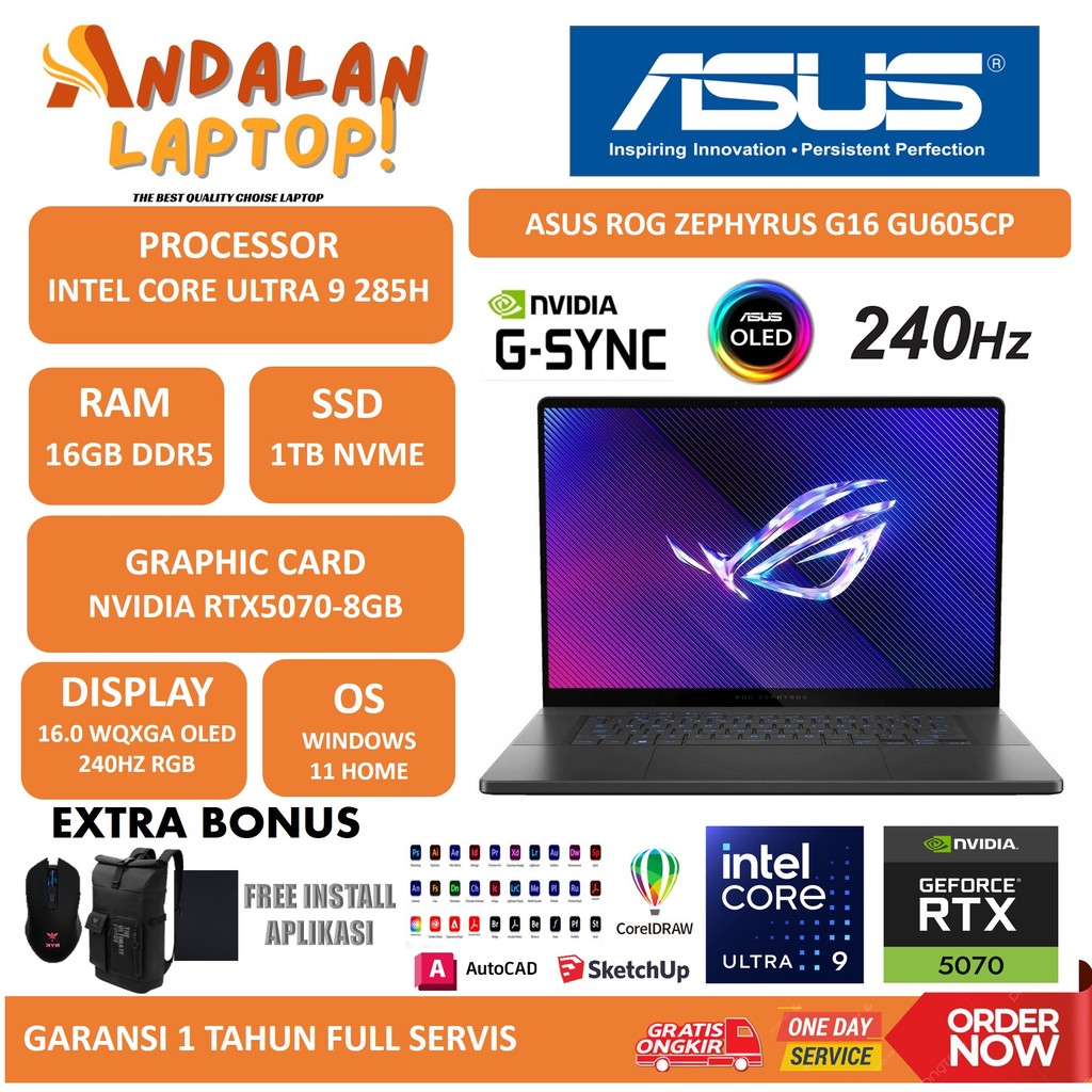 Asus ROG Zephyrus G16 OLED Intel Ultra 9-285H RTX 5070 RAM 16GB 1TB SSD 16.0" 2K 240Hz OLED WIN 11