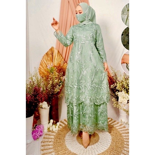 [Padu Dress] Gamis Brukat Premium Sage Green – Baju Couple Ibu Anak Remaja Dewasa untuk Pesta & Kond