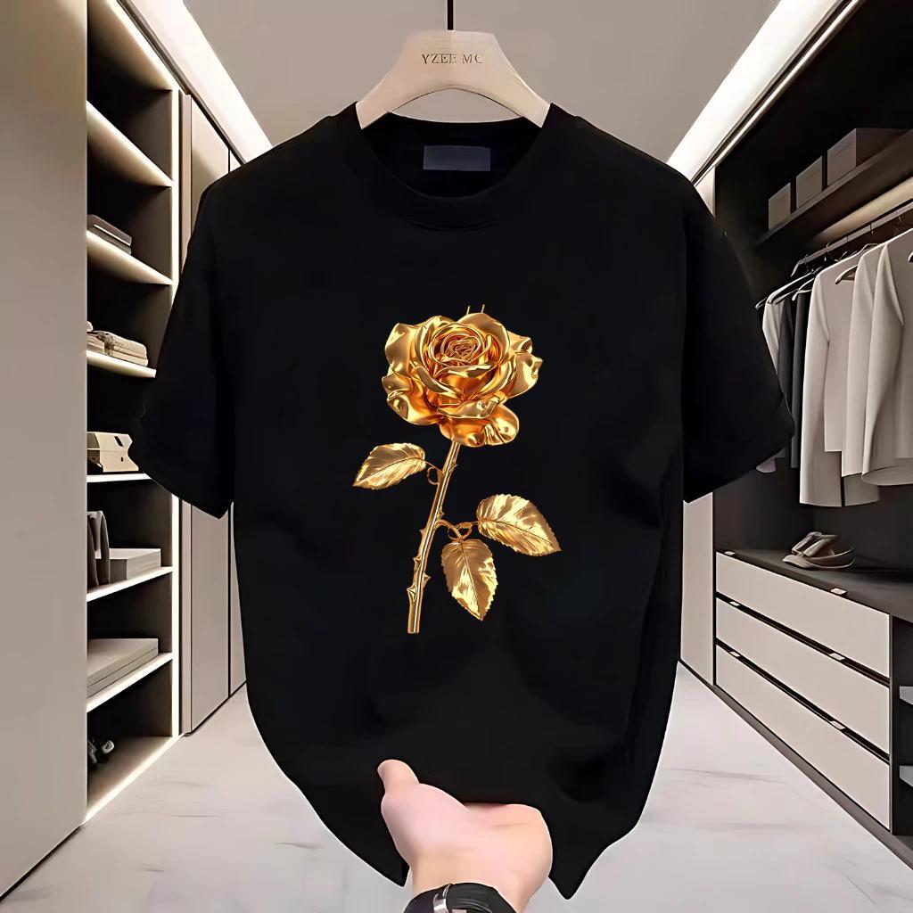 Kaos Pria Original Kaos Hitam dengan Hiasan Bunga Berlian Emas Pakaian Berkualitas Kaos Dasar Pria T