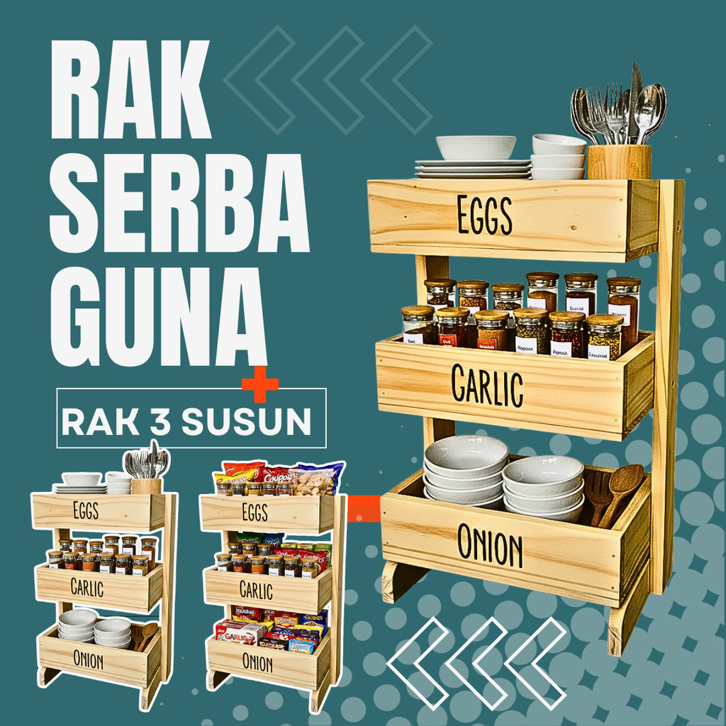 Rak bawang kayu 3 susun / Rak dapur / Rak kosmetik/ Rak perkakas/ Rak bawang