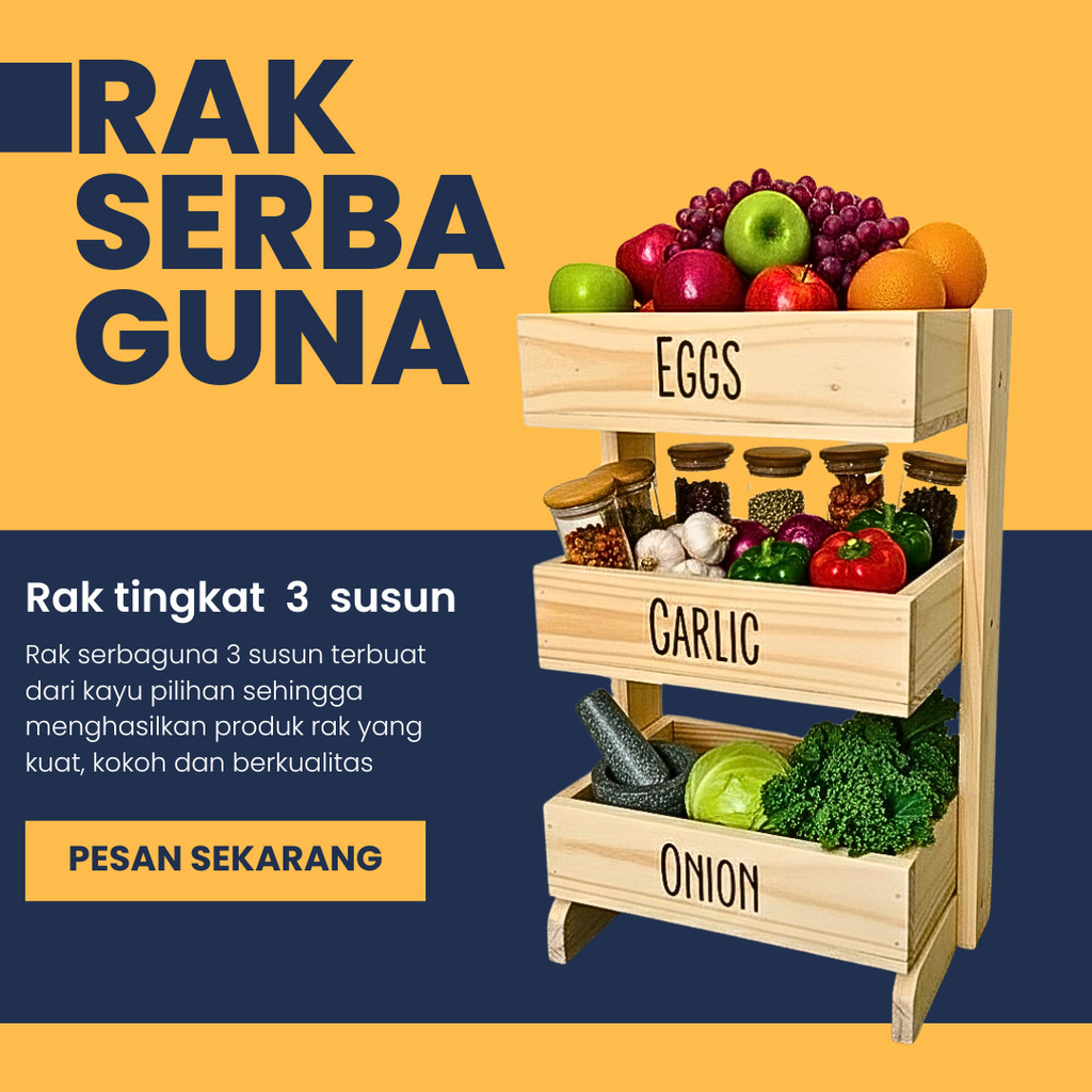 Rak bawang kayu 3 susun / Rak dapur / Rak kosmetik/ Rak perkakas/ Rak bawang