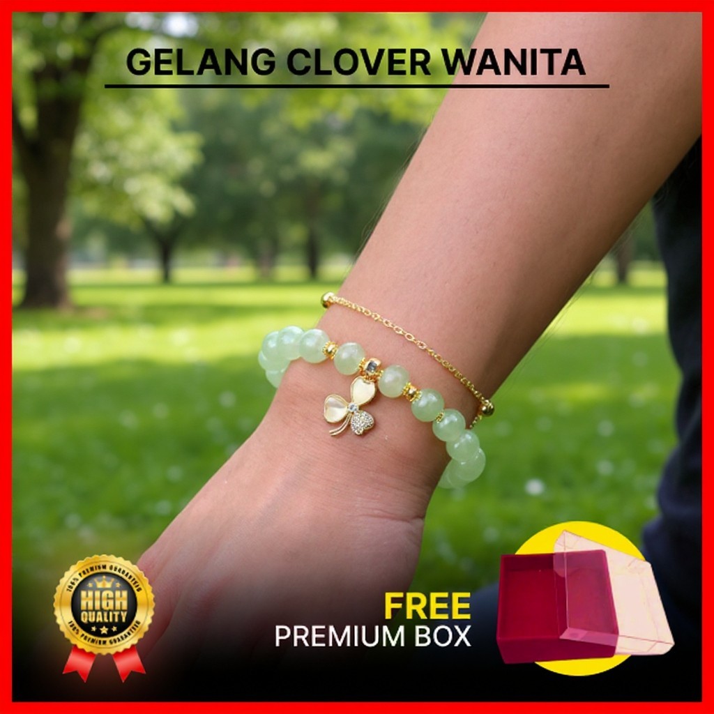 Gelang Giok Clover Wanita / Gelang Giok Emas 18K / Gelang Elegan Anti Luntur