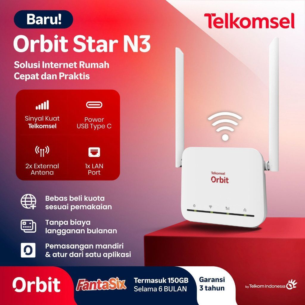 Orbit Star N3 Modem Home Router WiFi Telkomsel 4G - GRATIS Kuota 150GB 6 Bulan