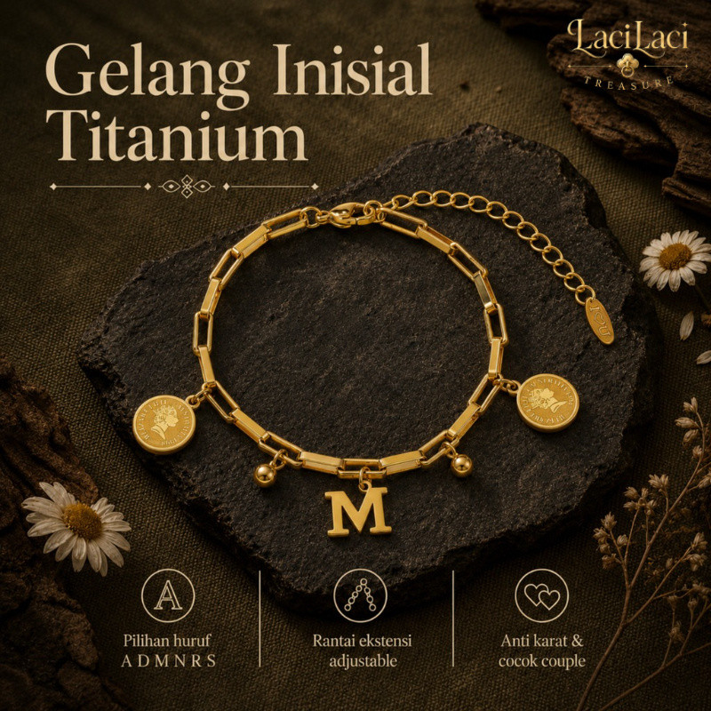 Gelang Inisial Huruf A D M N R S Titanium Adjustable Koin Emas Anti Karat Couple Korea