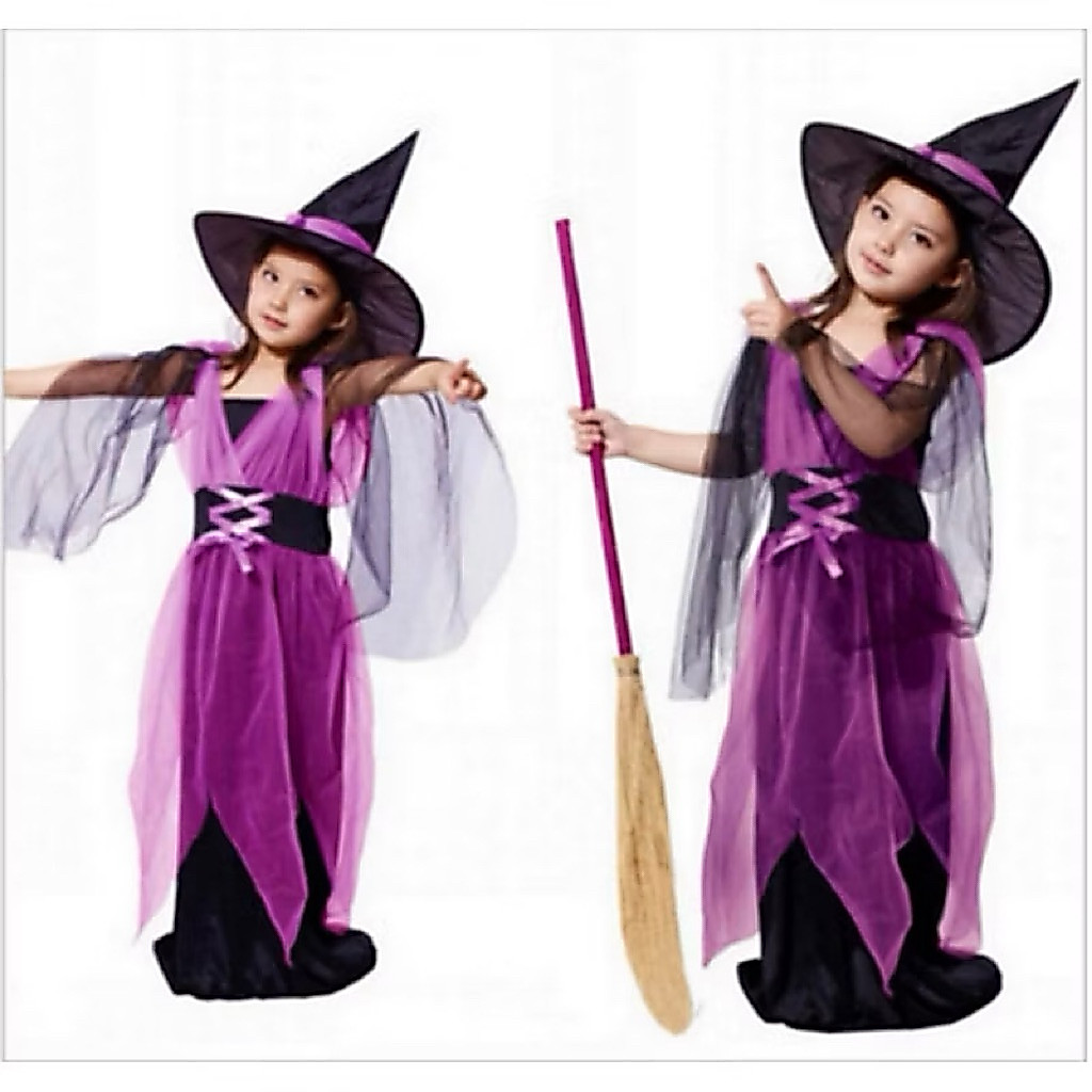 0095 | purple witch girl costume halloween | kostum sihir anak perempuan | penyihir kostum anak pere