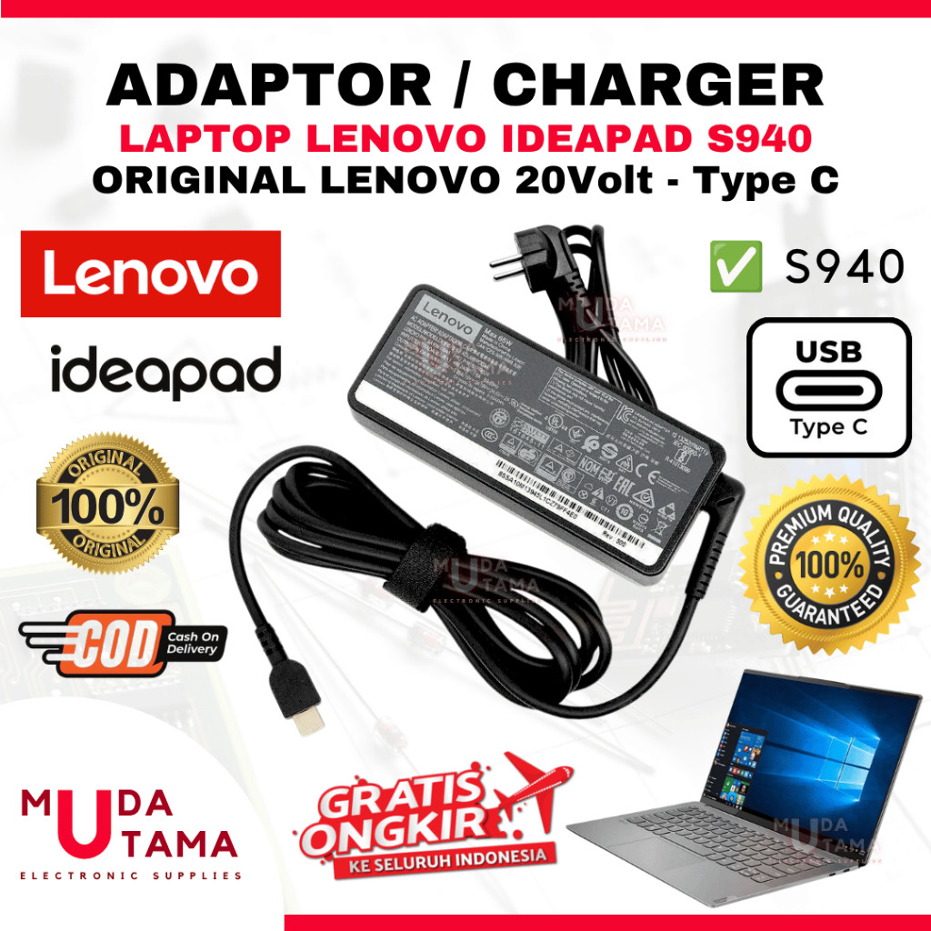Adaptor Charger Laptop LENOVO Ideapad S940 Type C Original - Adaptor Laptop LENOVO Ideapad S940 - Ad