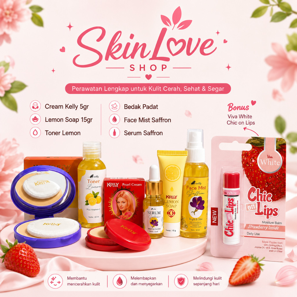 Paket Skincare Kelly Original 7in1 | Kelly Pearl Krim + Lemon Soap + Bedak Kelly + Serum + Toner + F
