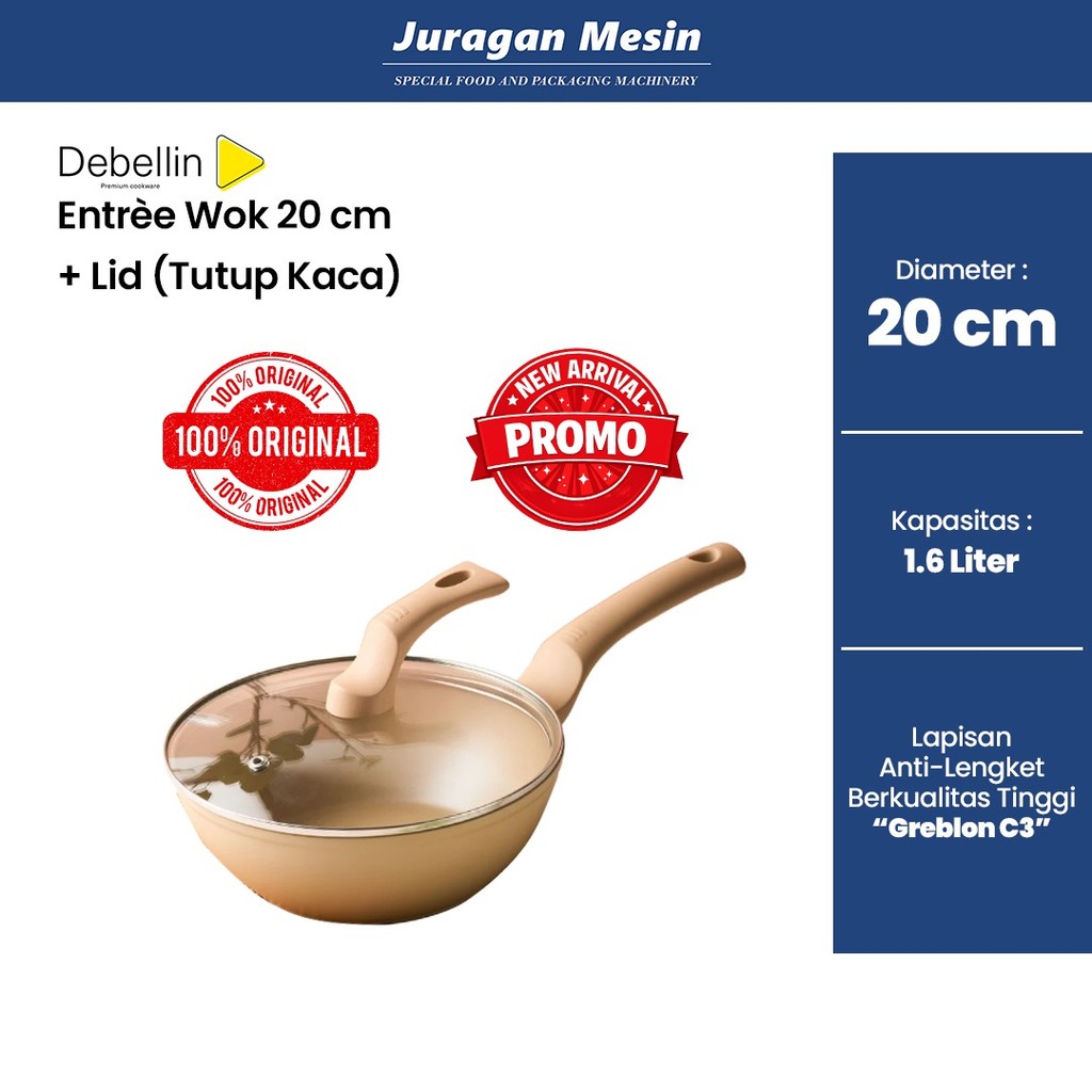 DEBELLIN Entree Wok Wajan Anti Lengket 20 cm +Tutup Kaca + Gagang DEBELLIN