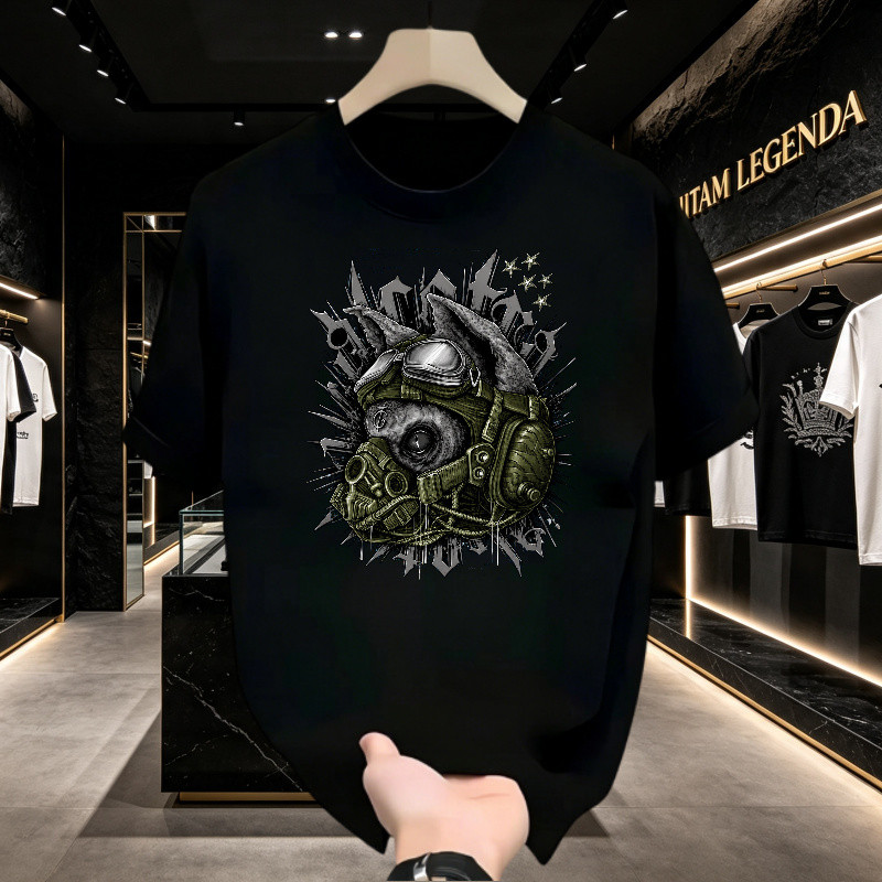 Kaos Lengan Pendek Boxy Pria Motif Beruang Taktikal Gas Mask Streetwear Grunge Militer