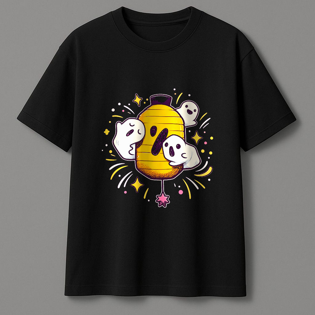 Kaos Pendek Motif Balon Kuning Dengan Tiga Hantu Lucu Gaya Ilustrasi Vintage, Lengan Pendek Tshirt B