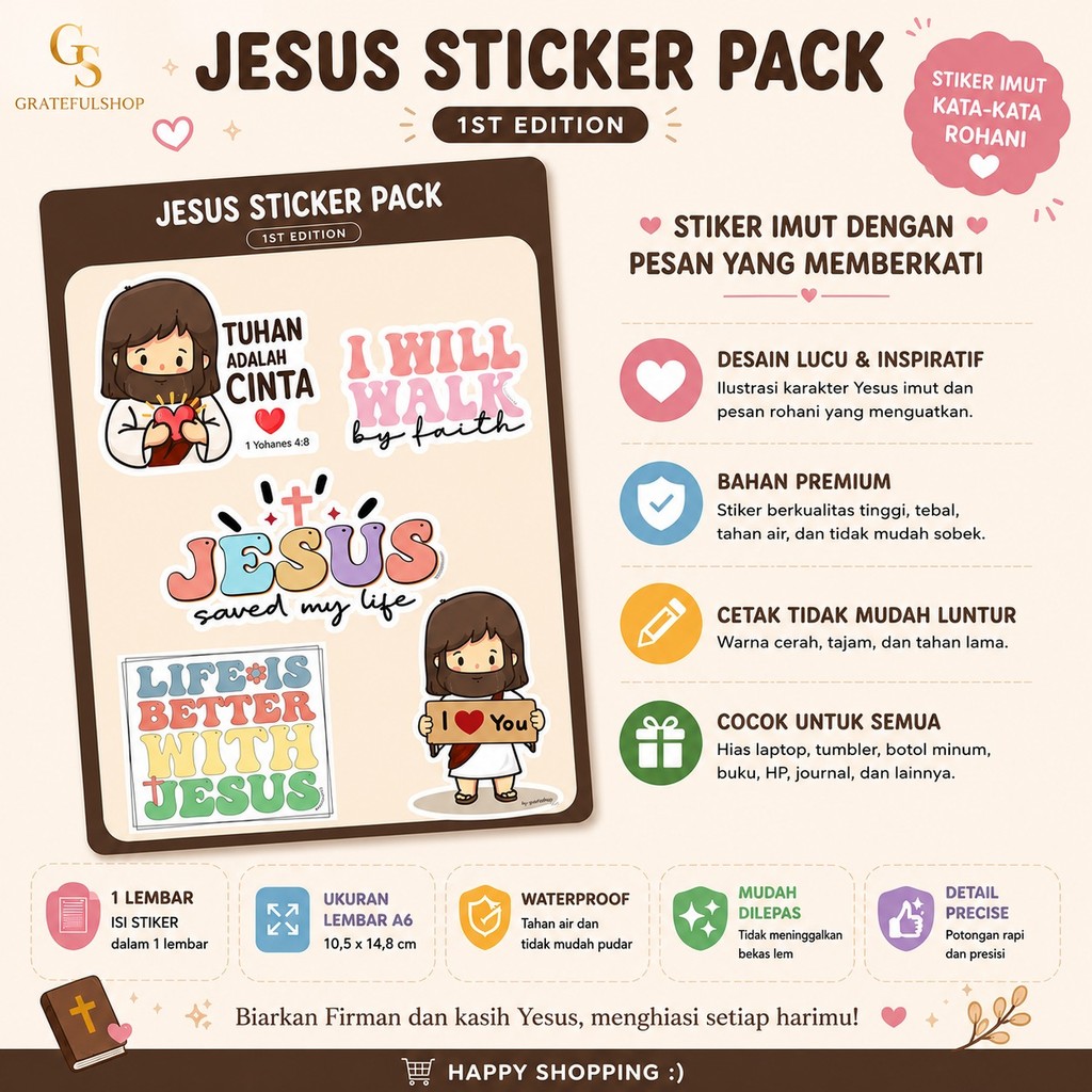 Grateful - Sticker Jesus 1st Edition Pack Kristen Yesus Kristen sekolah minggu | Jesus sticker pack