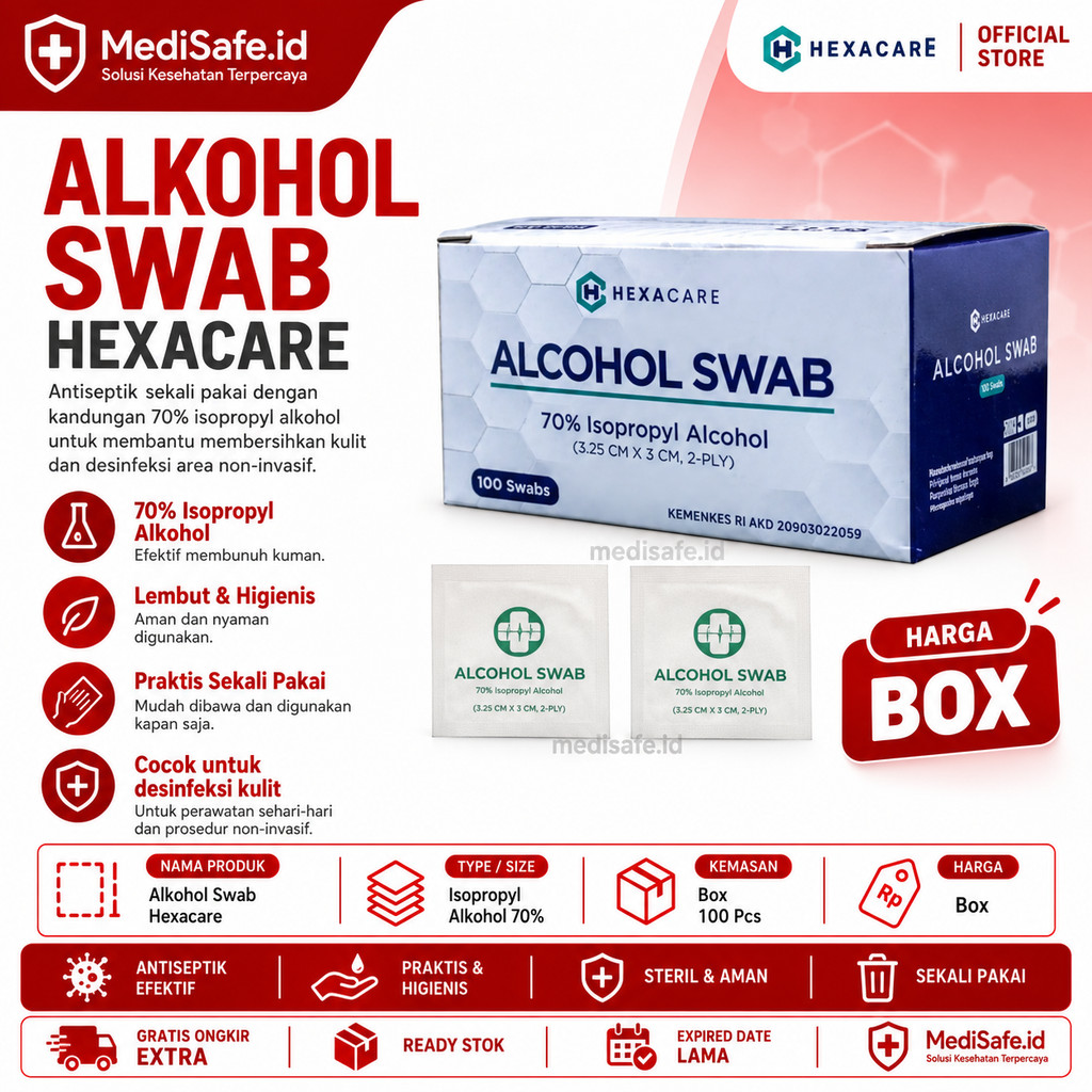 Hexacare Alkohol Swab Isi 100 Pcs Kapas Alkohol Tisu Alkohol Steril M2
