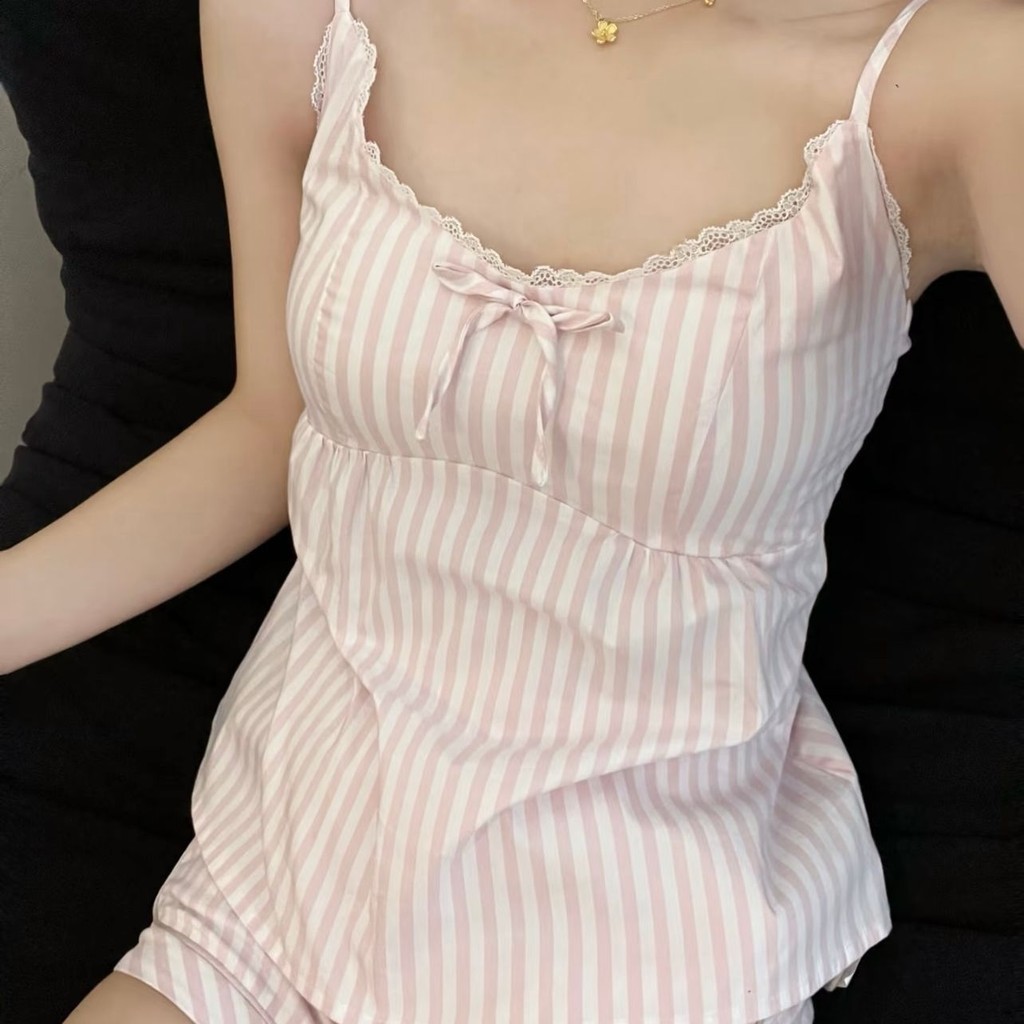 MACIAS_ Lazy night Set Piyama Wanita Motif Garis Merah Muda Bantalan Bra Renda Murni Prancis Baru