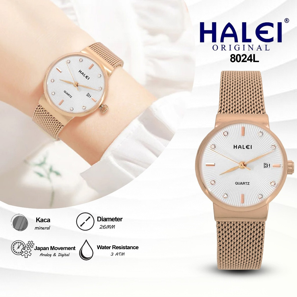 HALEI IND 8024 L - Bergaransi Jam Tangan Wanita Halei Original Fashion Elegan Rantai Mesh Stainless 