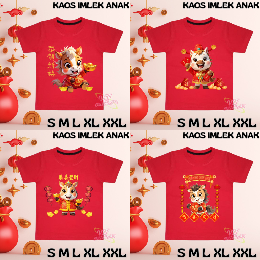 Baju Imlek Anak / Kaos Imlek Anak / Atasan Imlek Anak Motif Kuda Terbaru 2026 Anak Cowok Cewek Ukura
