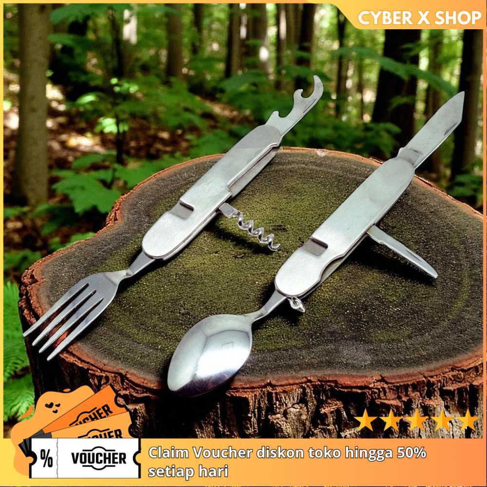 [CYBER] Sendok Garpu Pisau Swiss Army Tools 6in1 | Peralatan Outdoor Rumah Tangga Serbaguna | Alat M