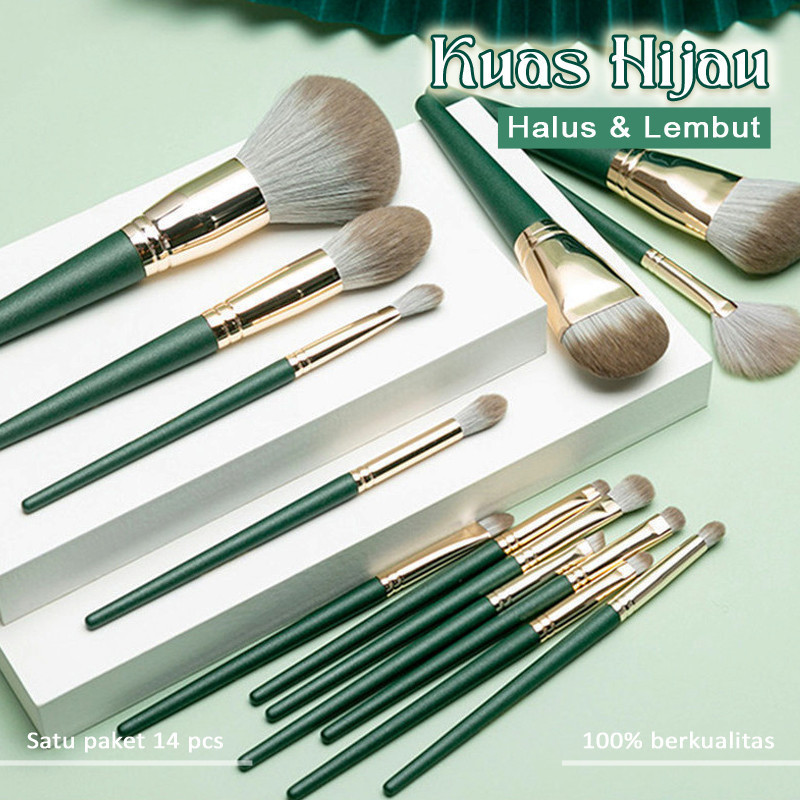 Brush Set Soft 14 Pcs Kuas Makeup Travel Seri Hijau Blush on Eyeshadow Highlighter Foundation Terlen