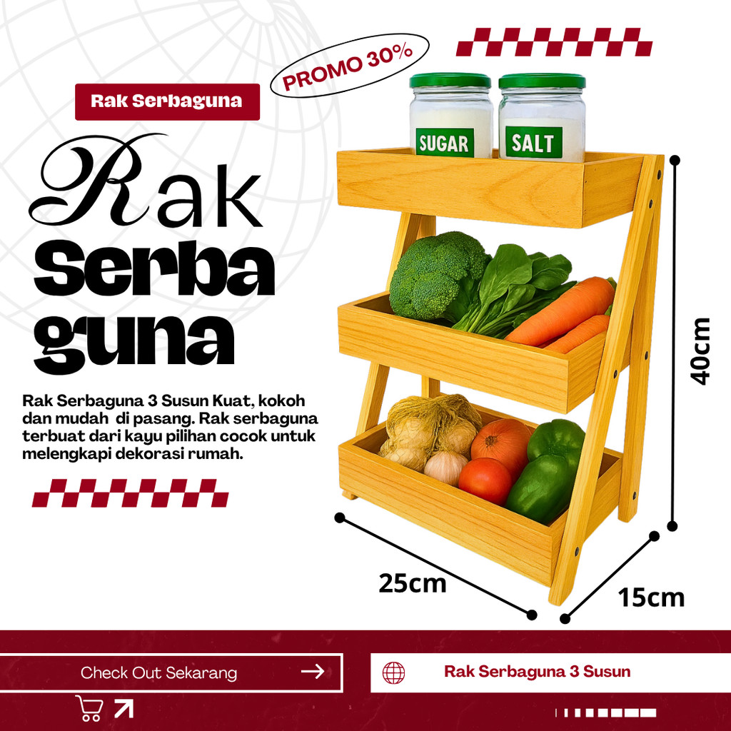 Rak Bawang Kayu 3 Susun / Rak Bumbu Serbaguna