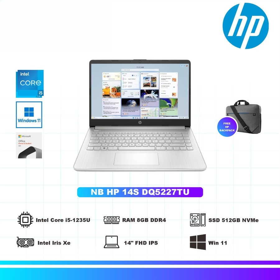 Laptop HP 14S-DQ5227TU SILVER Intel Core i5-1235U/8GB (2x4GB)/512GB SSD/Intel IRIS Xe/W11Home/OHS 20